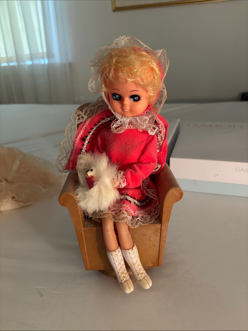 Vintage Pink Lace Doll in Pink Outfit with Faux Fur Accessory music box works